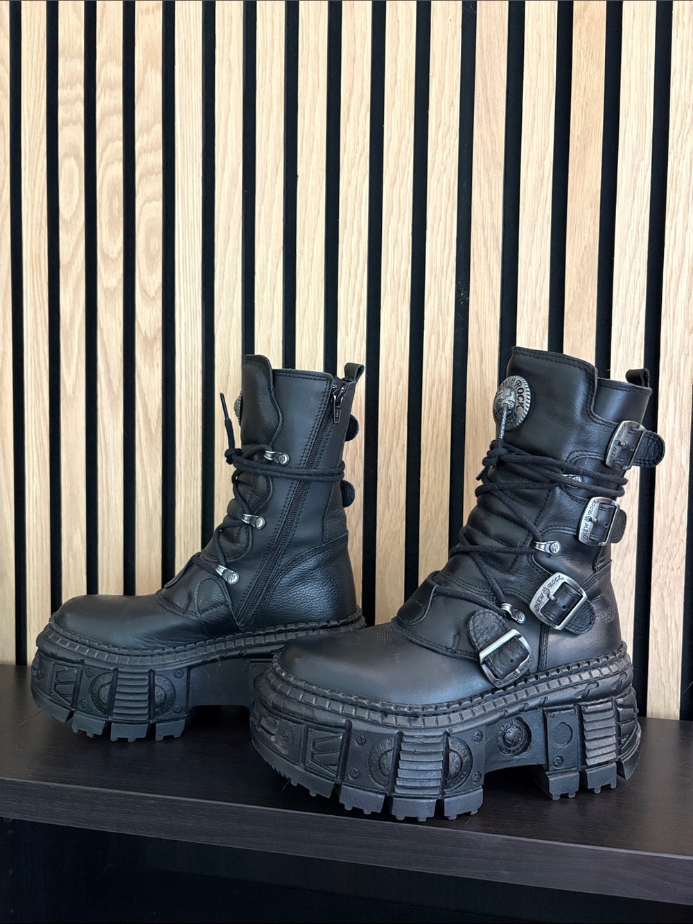 New Rock Black Leather Platform Combat Boots - Picture 5 of 6